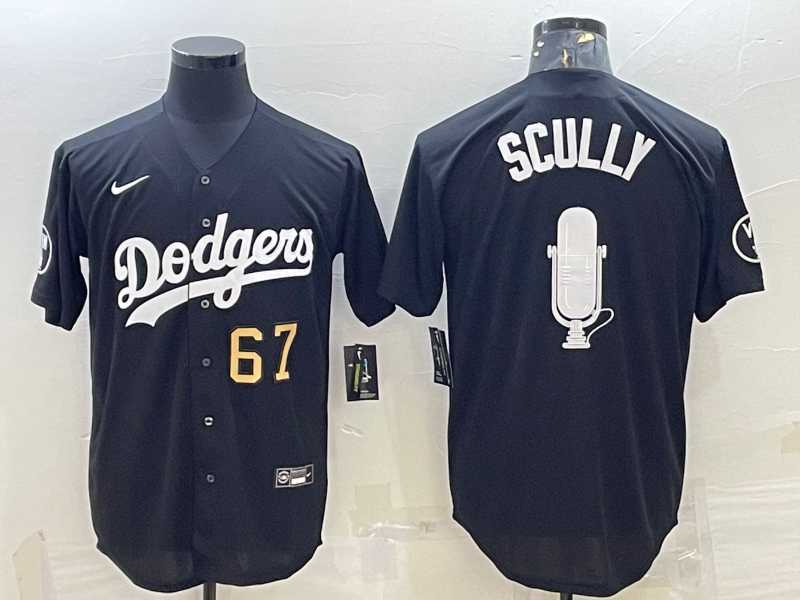 Mens Los Angeles Dodgers #67 Vin Scully Black Gold Big Logo With Vin Scully Patch Stitched Jersey